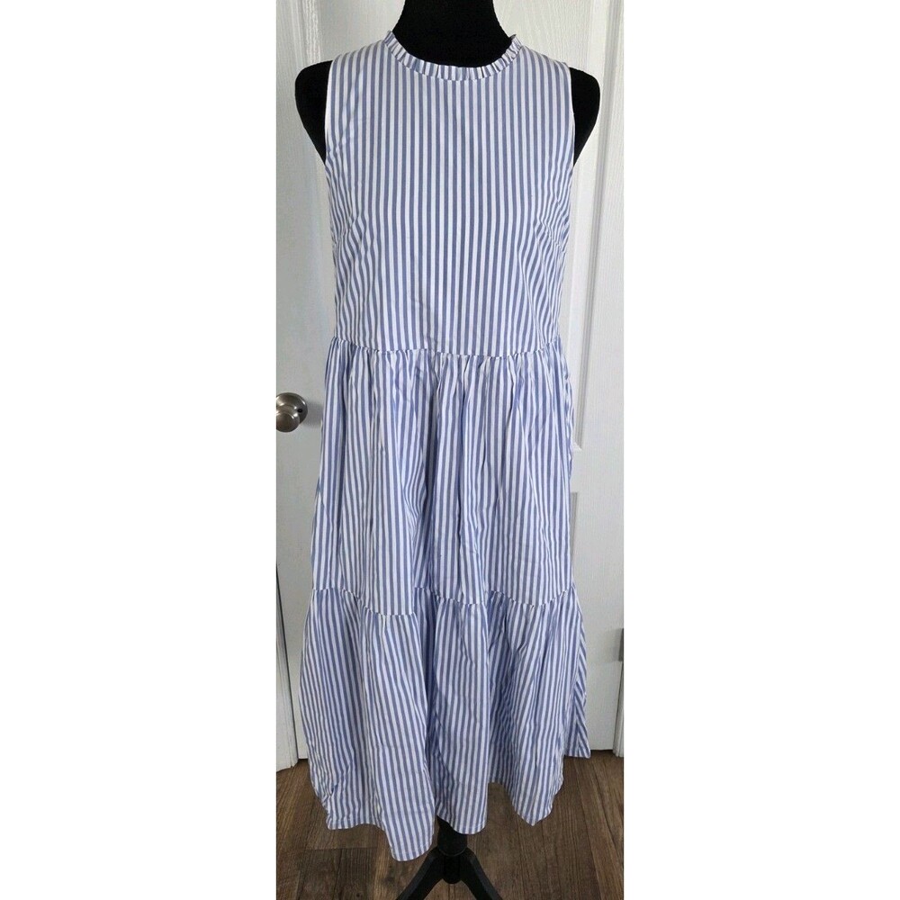 J.Crew Blue and White Stripe Sleeveless Tiered Poplin Dress - Size 2